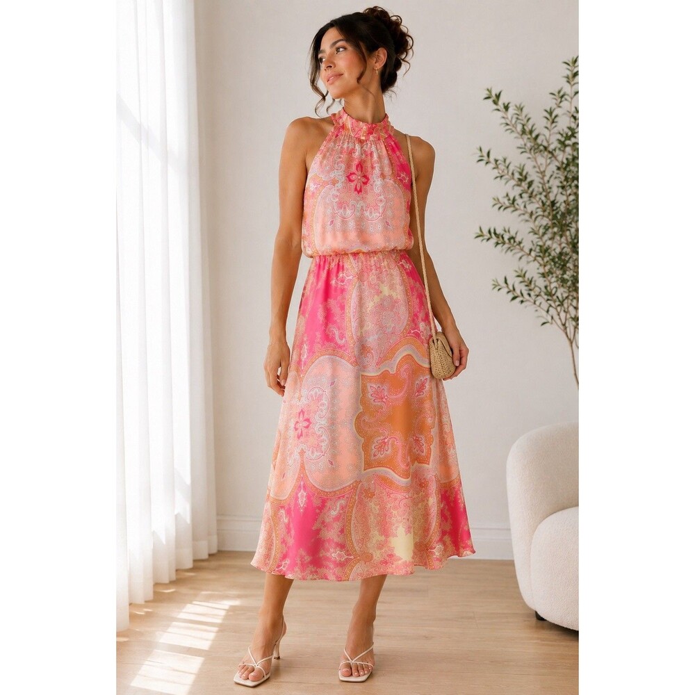 Y2K Banana Republic Coral Pink Paisley Midi Dress 100% Silk SZ 4 Halter Sundress